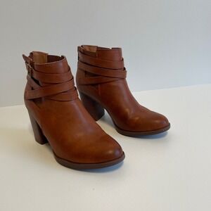 Dream Pairs Women's Brown Faux Leather Ankle Boots Strappy Buckle Block Heel 8.5
